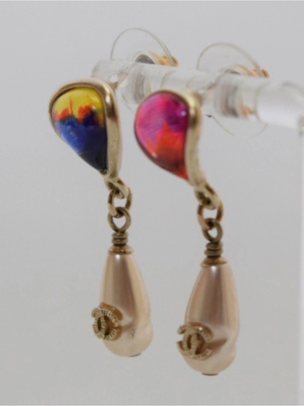 CHANEL Coco Mark Colored Stone Pearl Teardrop Earrings - Picture 2 of 7